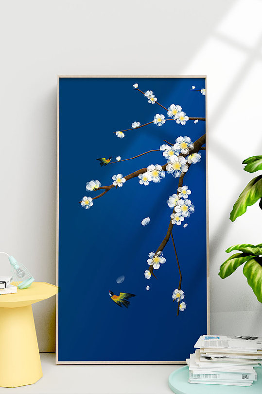 玉兰花黄鹂鸟蓝色装饰画壁挂画分层