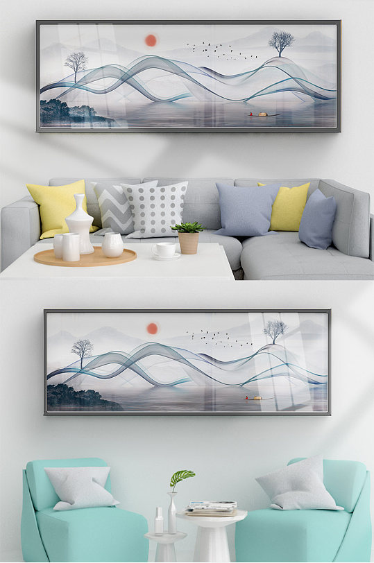 新中式线条水墨山水画客厅床头装饰画