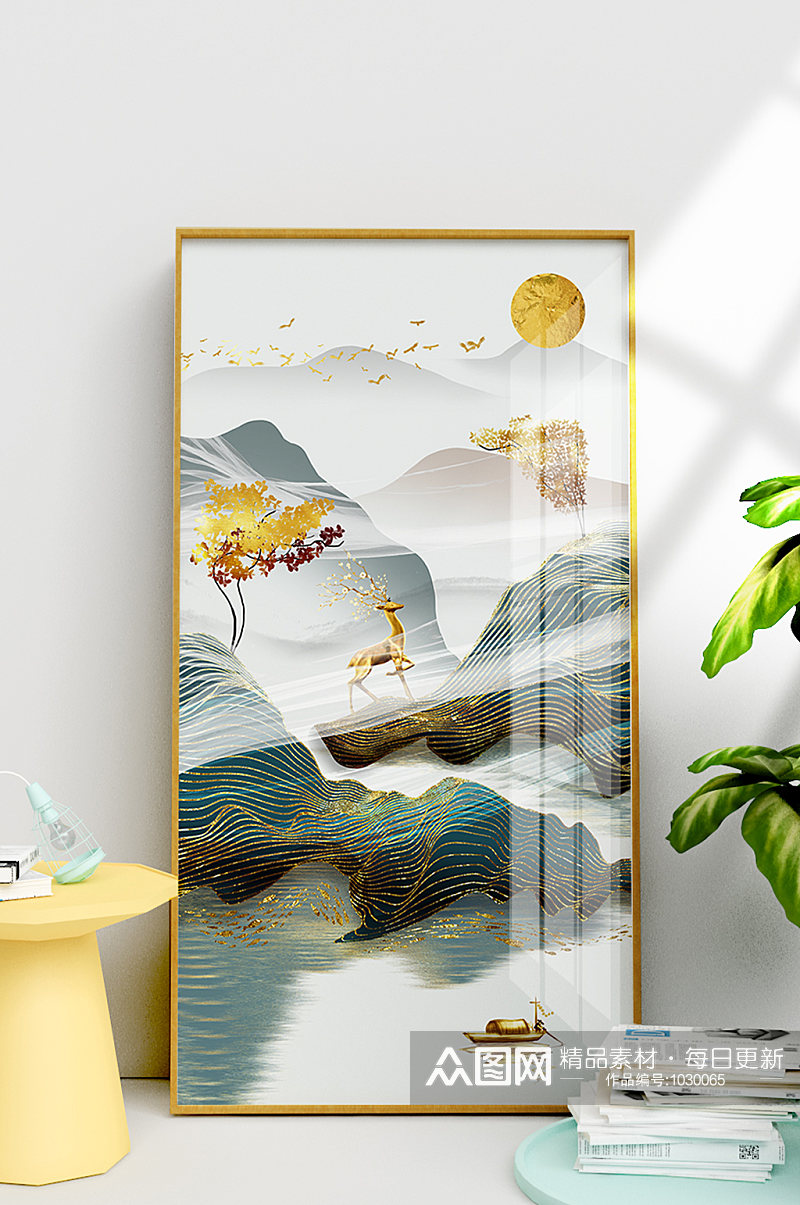 新中式金箔线条水墨山水抽象风景装饰画素材