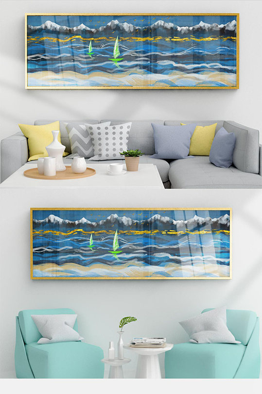 现代轻奢烁金雪山海洋风景横幅装饰画