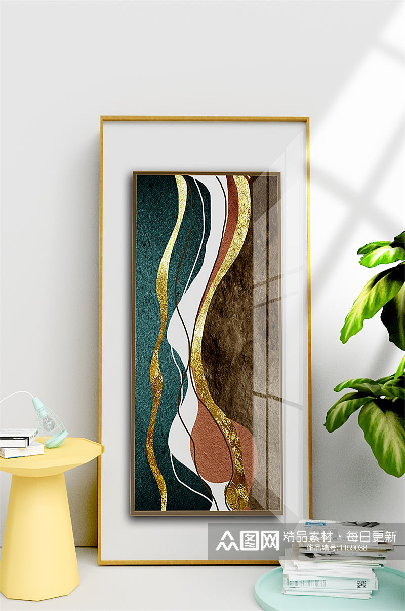 现代轻奢简约抽象线条金箔艺术框中框装饰画素材
