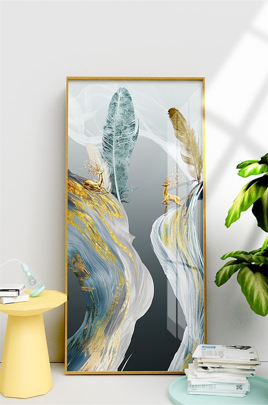 轻奢北欧线条金箔艺术麋鹿抽象风景装饰画