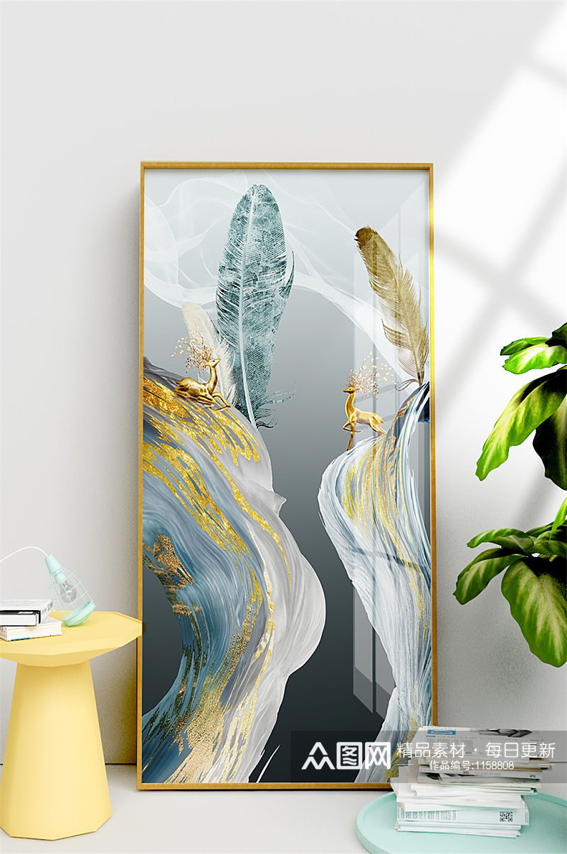 轻奢北欧线条金箔艺术麋鹿抽象风景装饰画素材