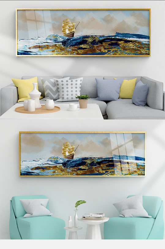 轻奢北欧烁金蓝色海洋帆船抽象风景装饰画
