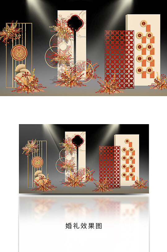 红色精美新中式婚礼舞美设计图-众图网
