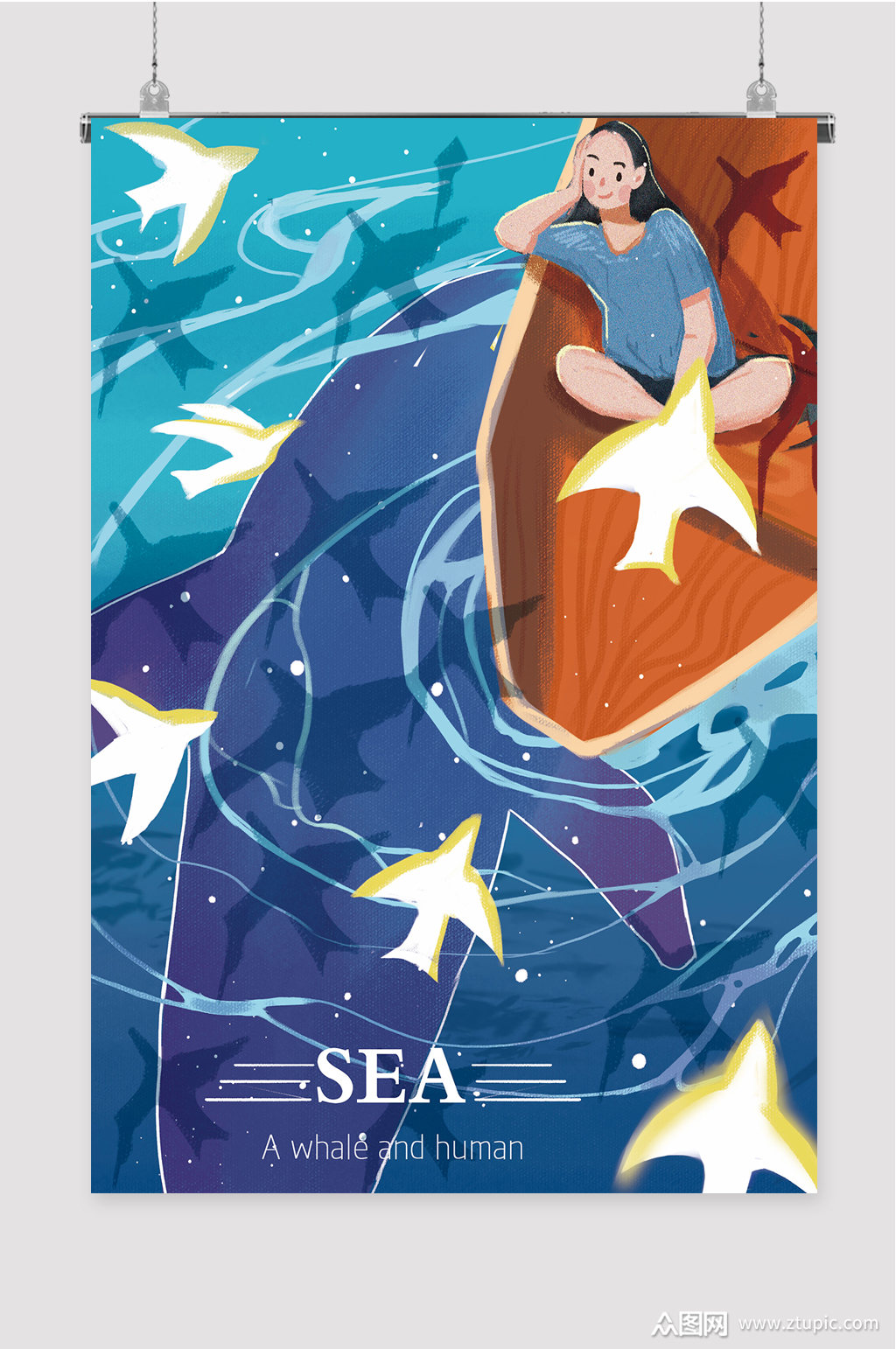 鲸鱼和人类手绘插画素材