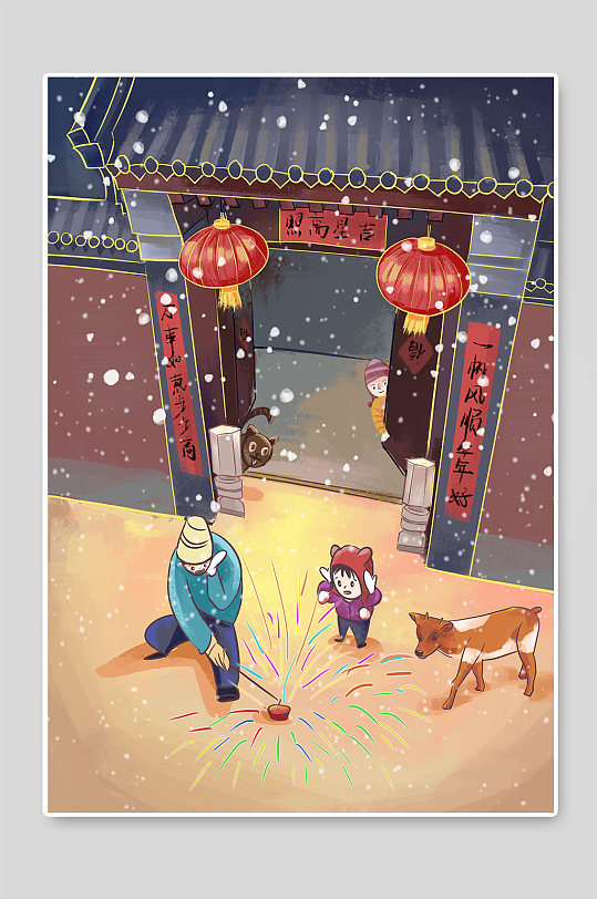 国潮风手绘春节插画海报-众图网