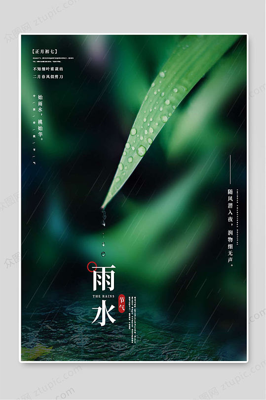绿色背景雨水传统24节气海报