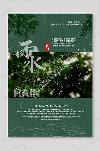 雨水节气二十四节气绿色背景海报