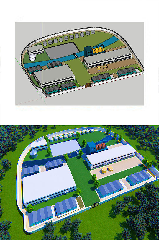 工厂鸟瞰图SU模型含工厂模型粮仓模型