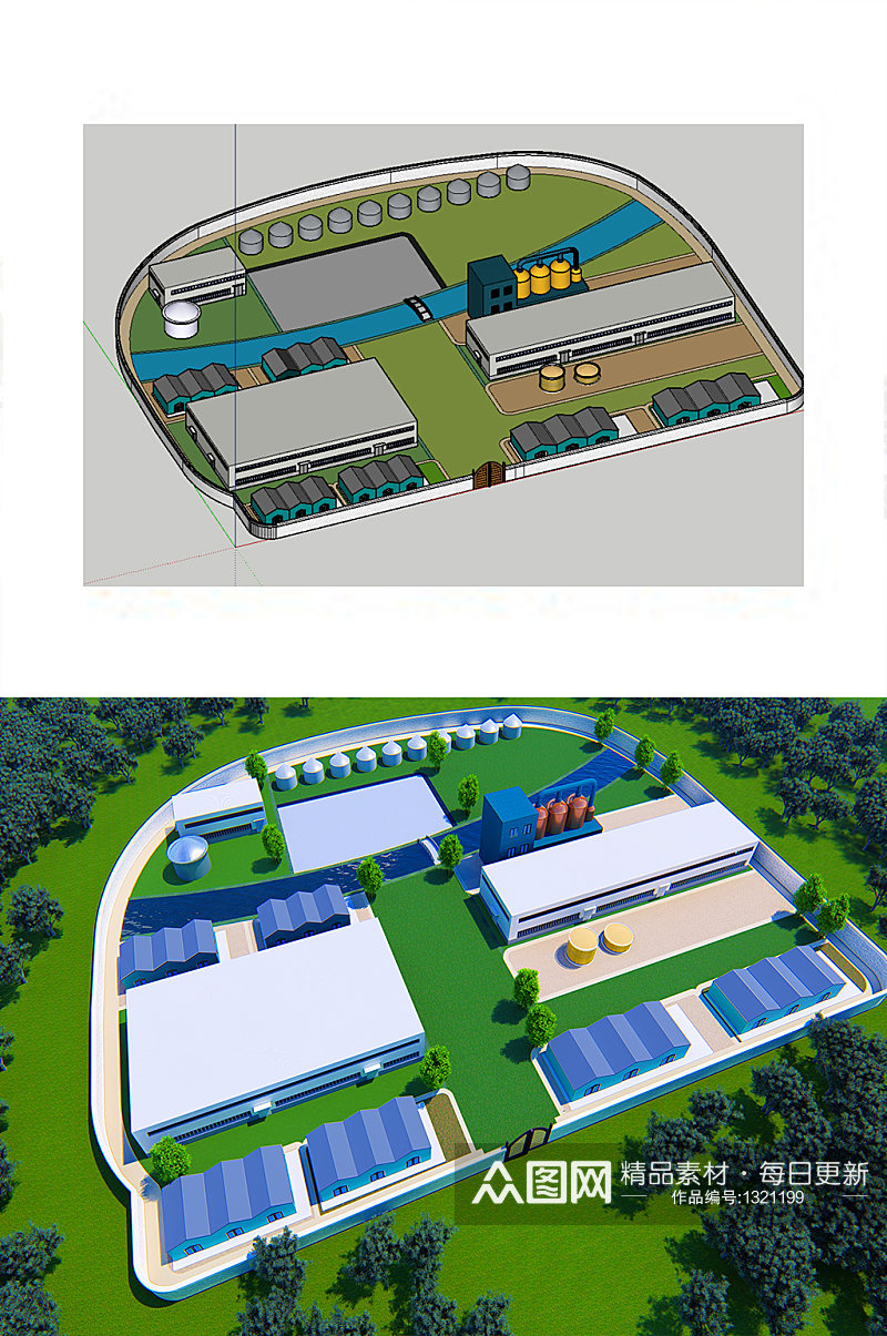 工厂鸟瞰图SU模型含工厂模型粮仓模型素材