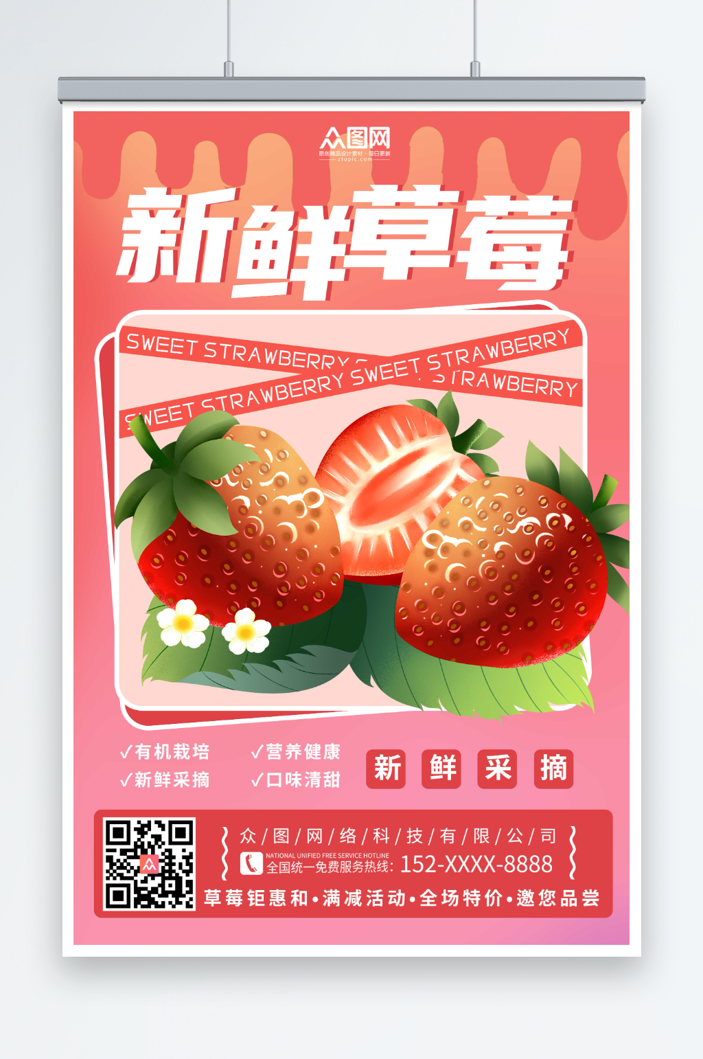 简约采摘新鲜草莓水果海报素材