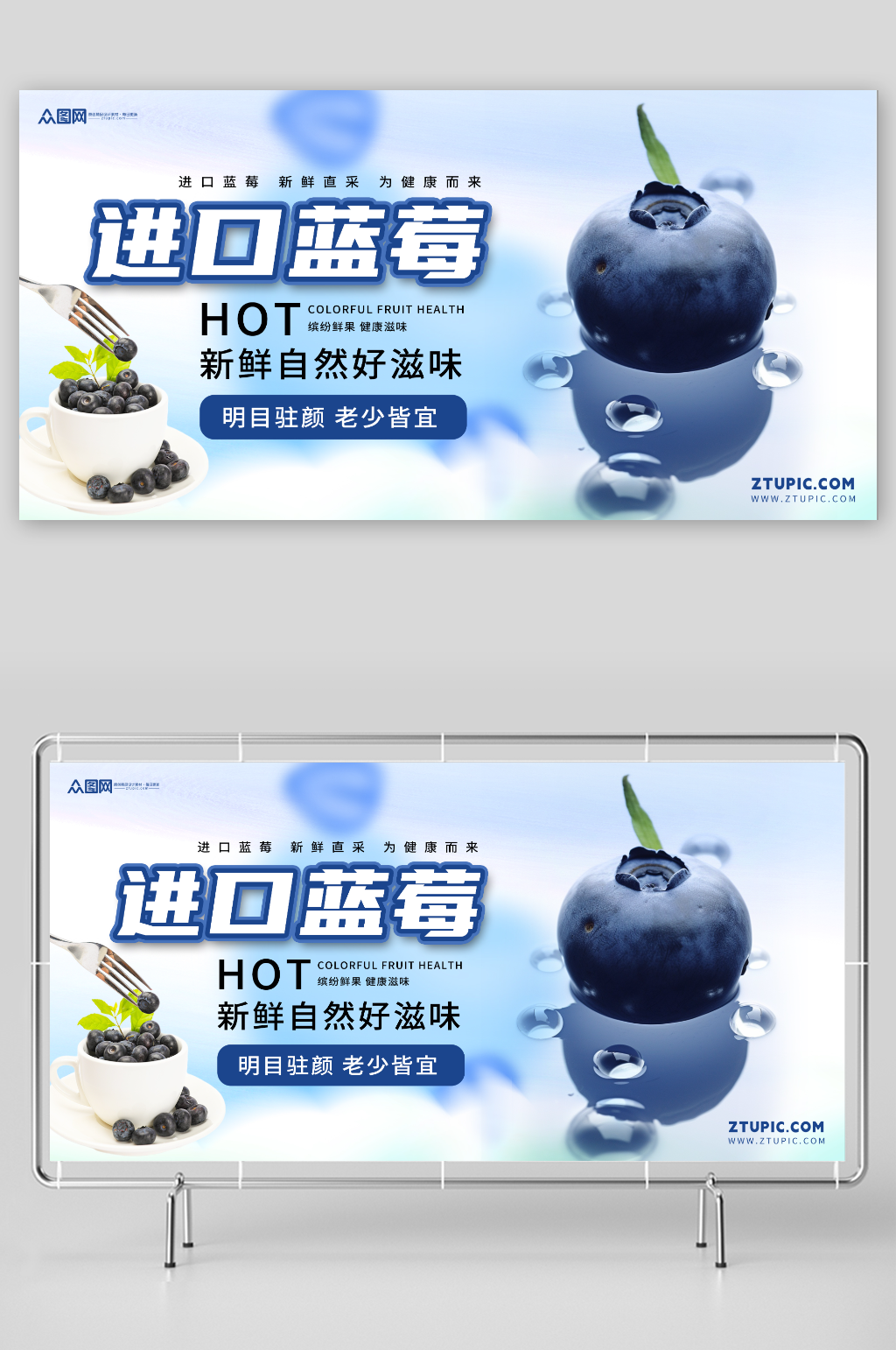 简约进口蓝莓水果店图片展板素材