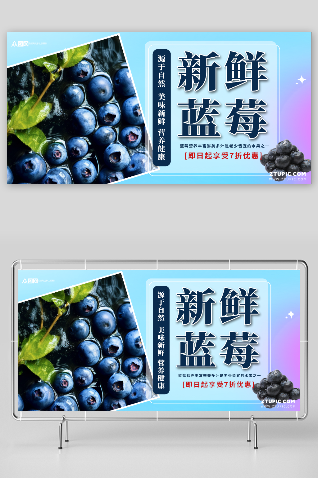 简约蓝莓水果店图片展板素材