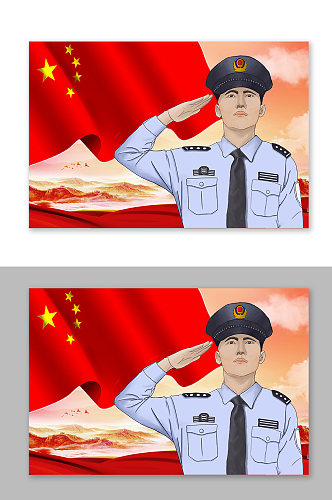人民警察卡通人物形象敬礼插画设计