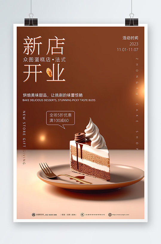 咖啡色高级质感蛋糕烘焙店开业活动海报