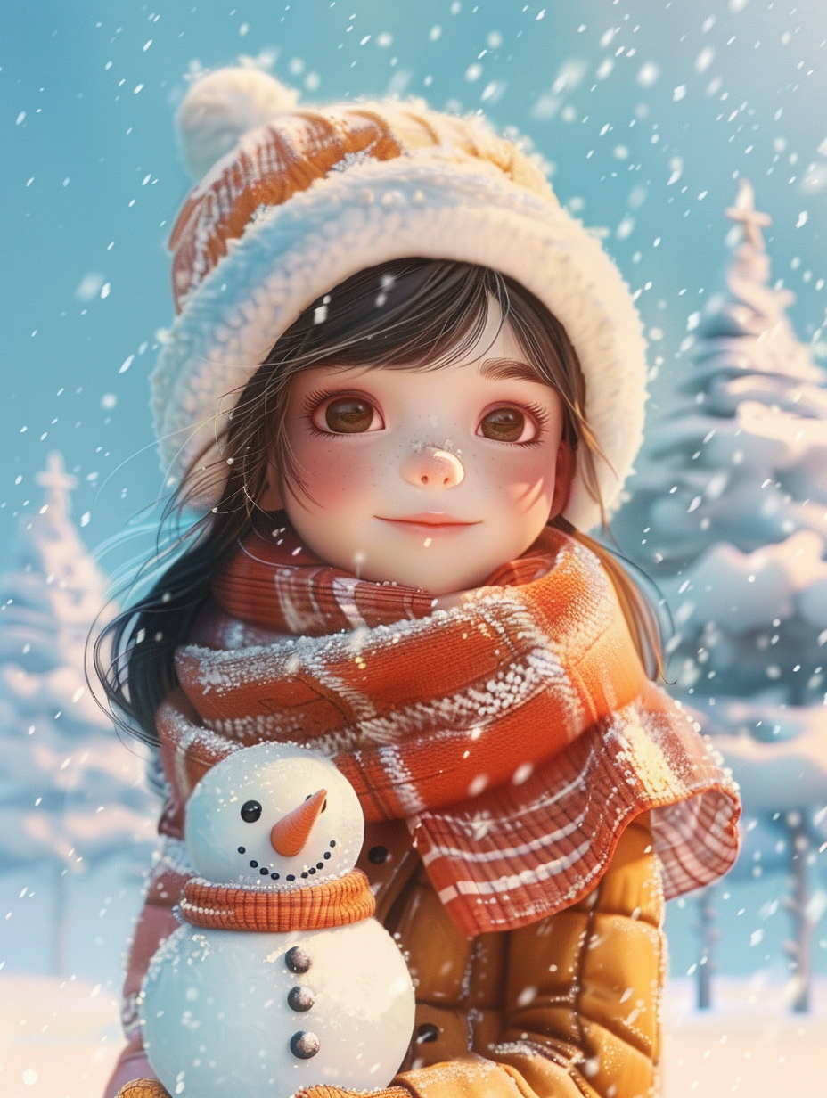 雪地上小女孩和雪人素材