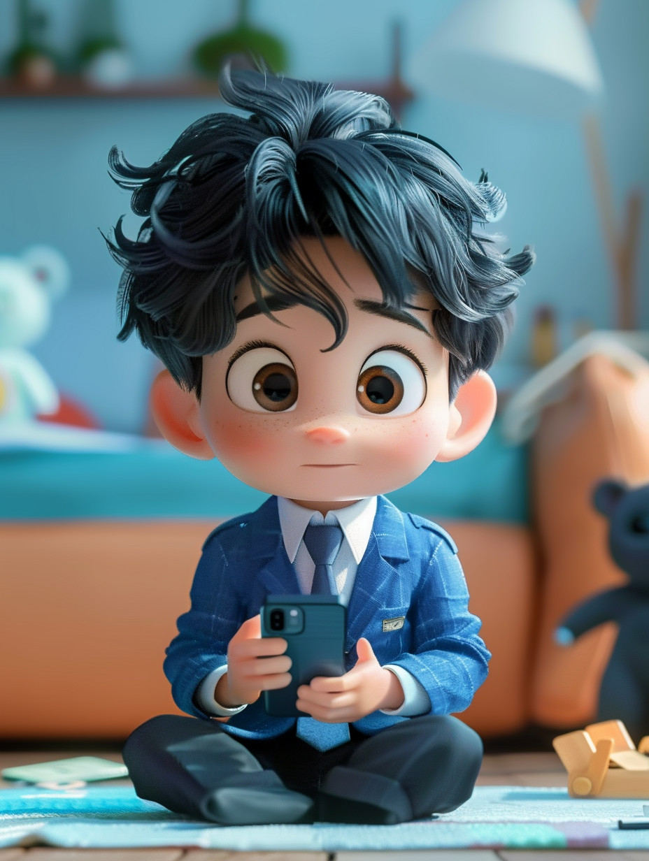 正在玩手机的卡通小孩素材