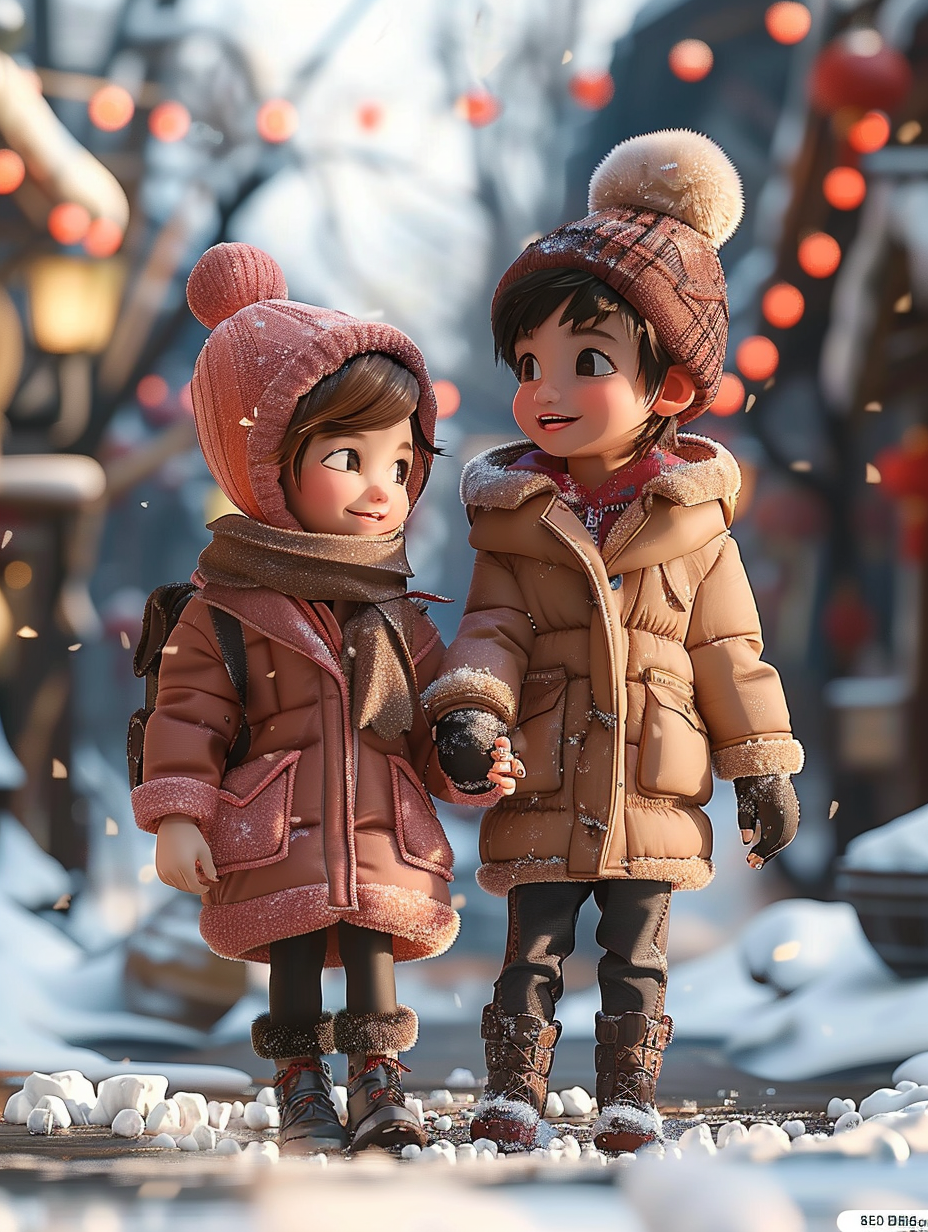 下雪天走在街道上的可爱小孩子素材