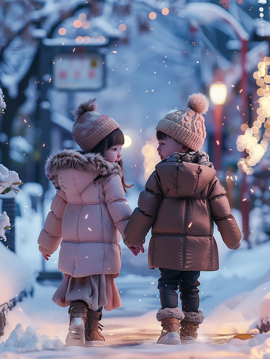 下雪天走在街道上的可爱小孩子素材