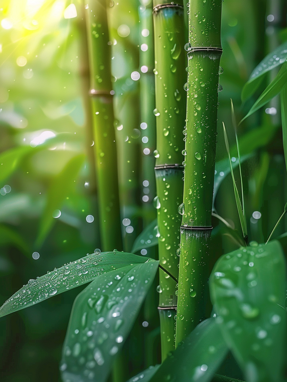清晨竹林中竹子上的露珠素材