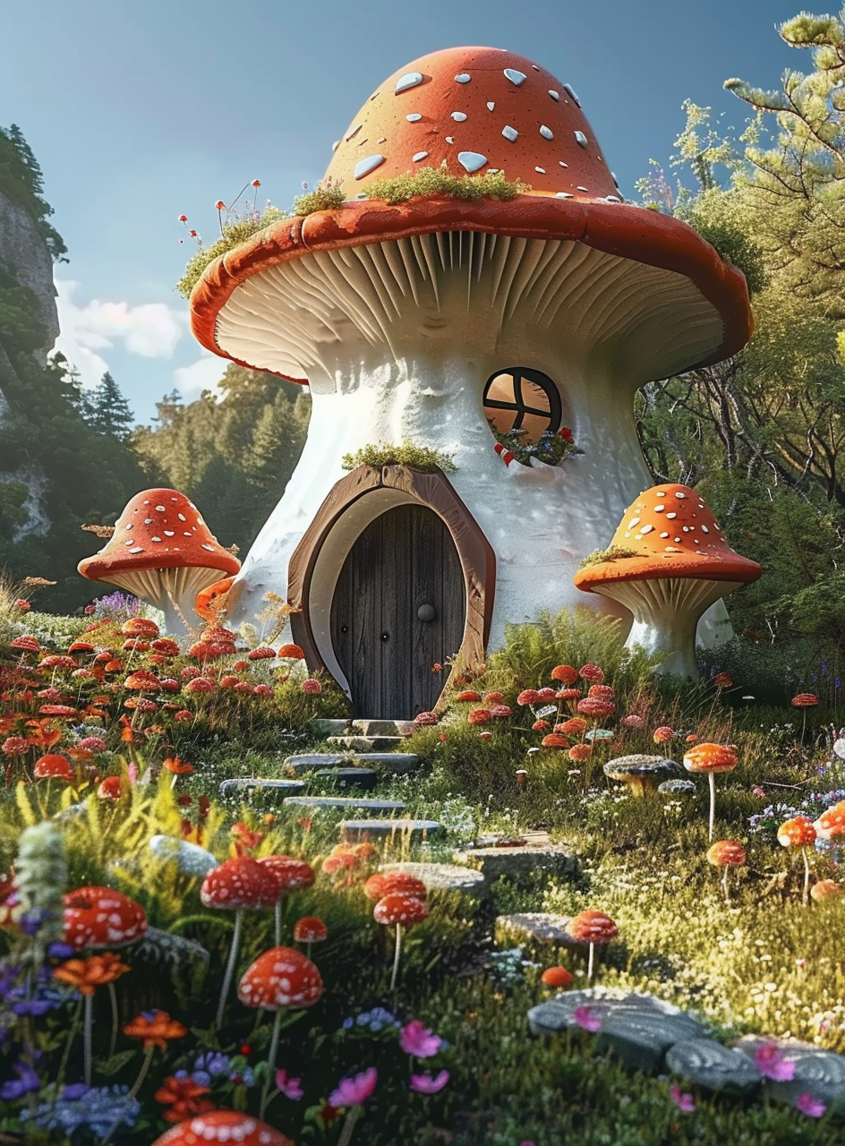 草地上漂亮的蘑菇房子素材