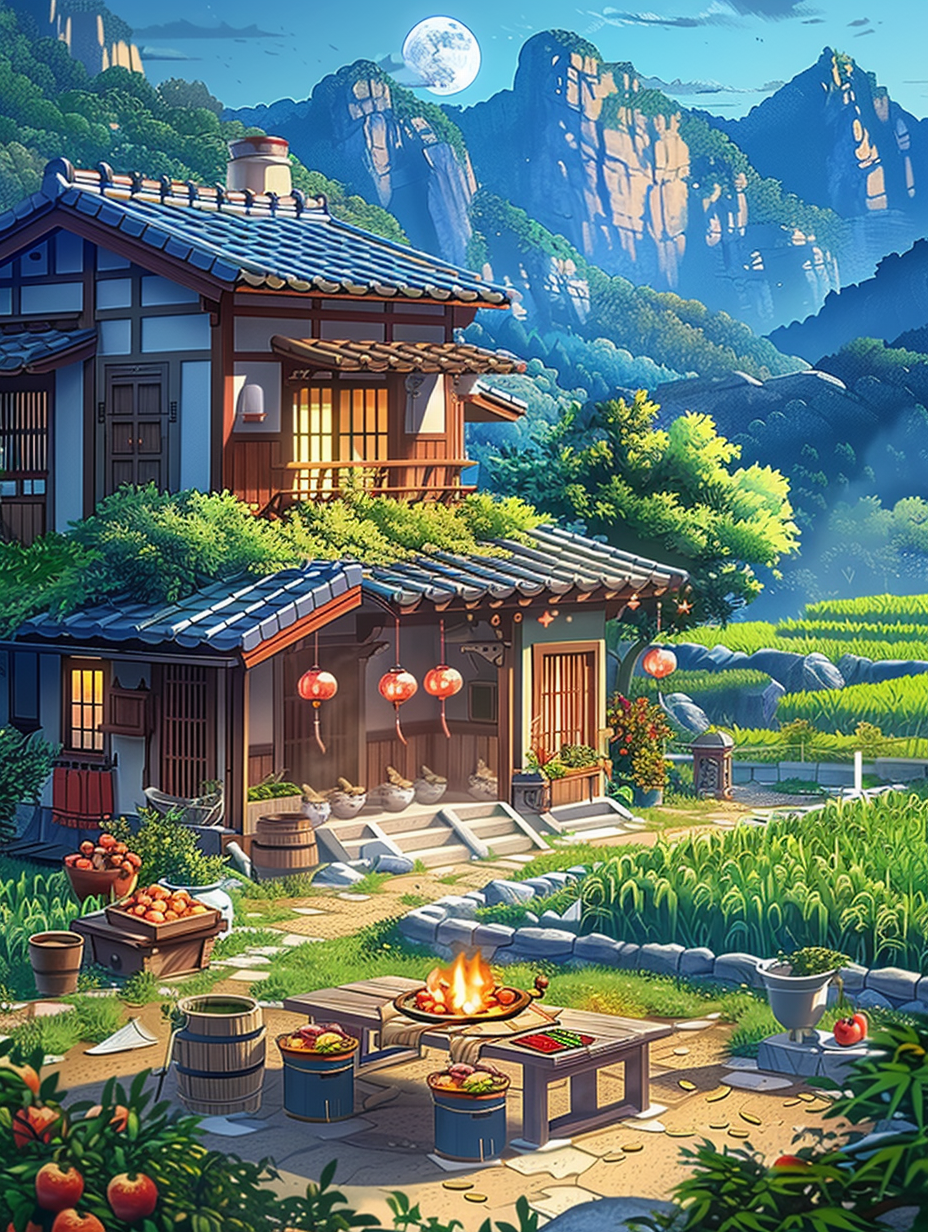 唯美夜幕下乡村景色素材