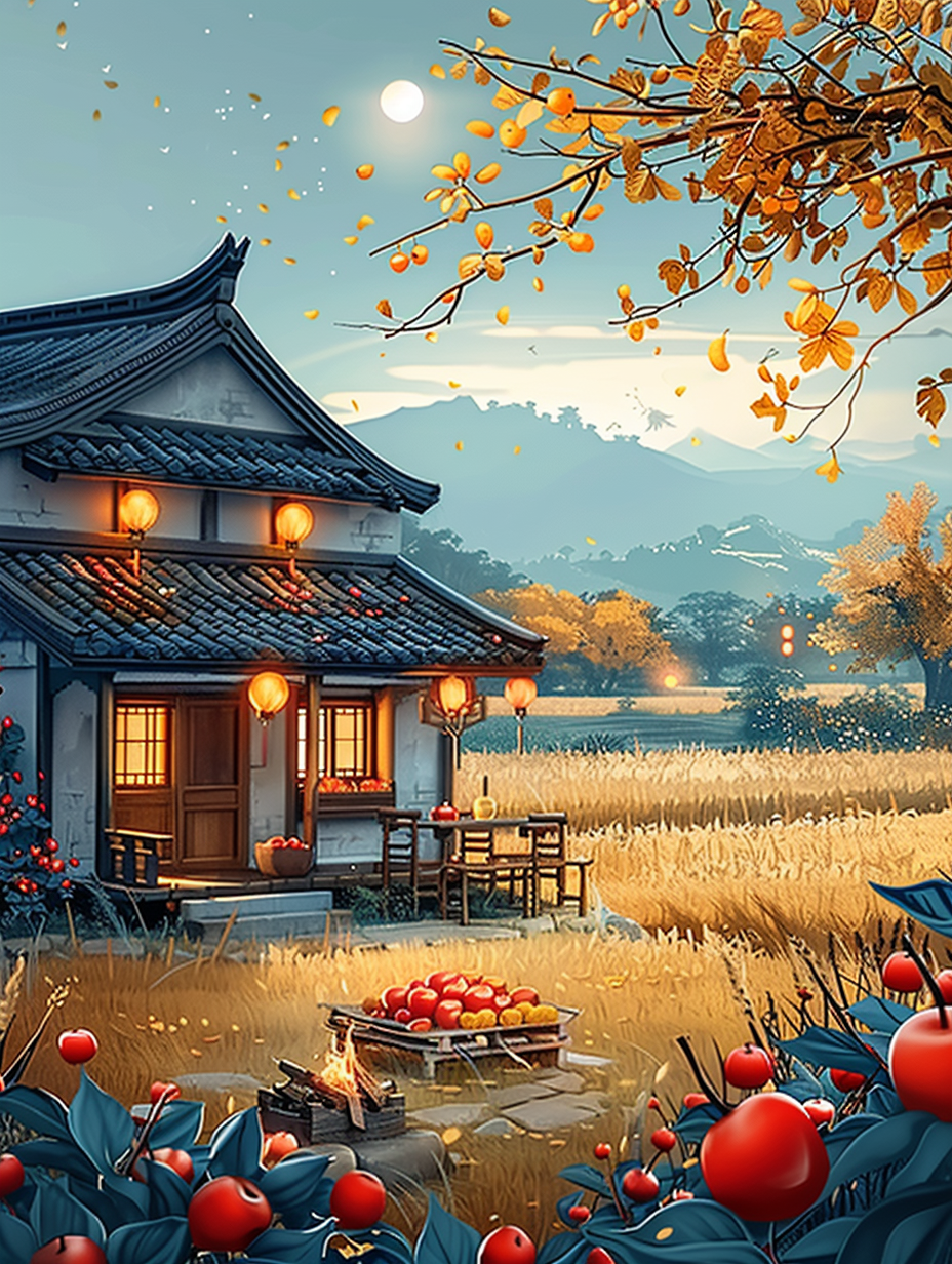 唯美夜幕下乡村景色素材