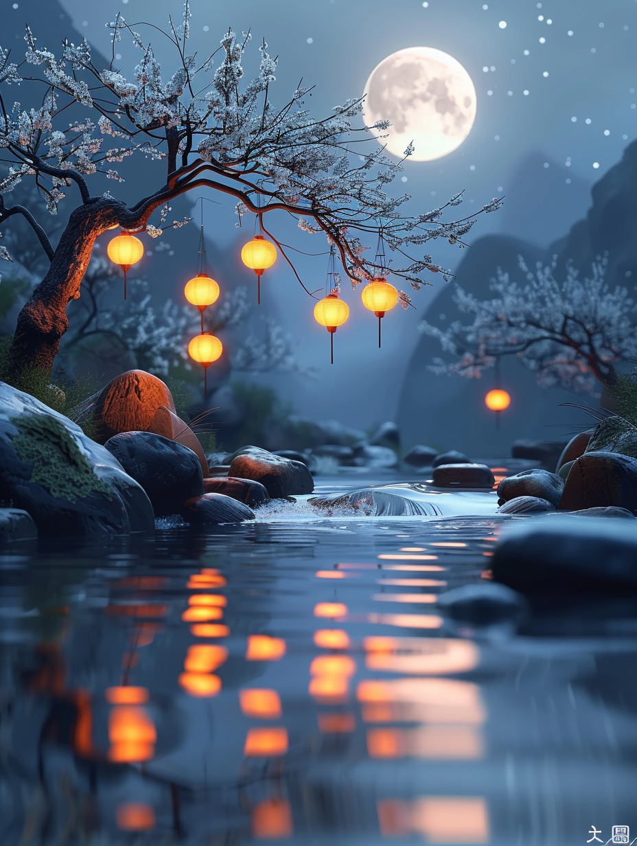 唯美夜幕下河流场景素材