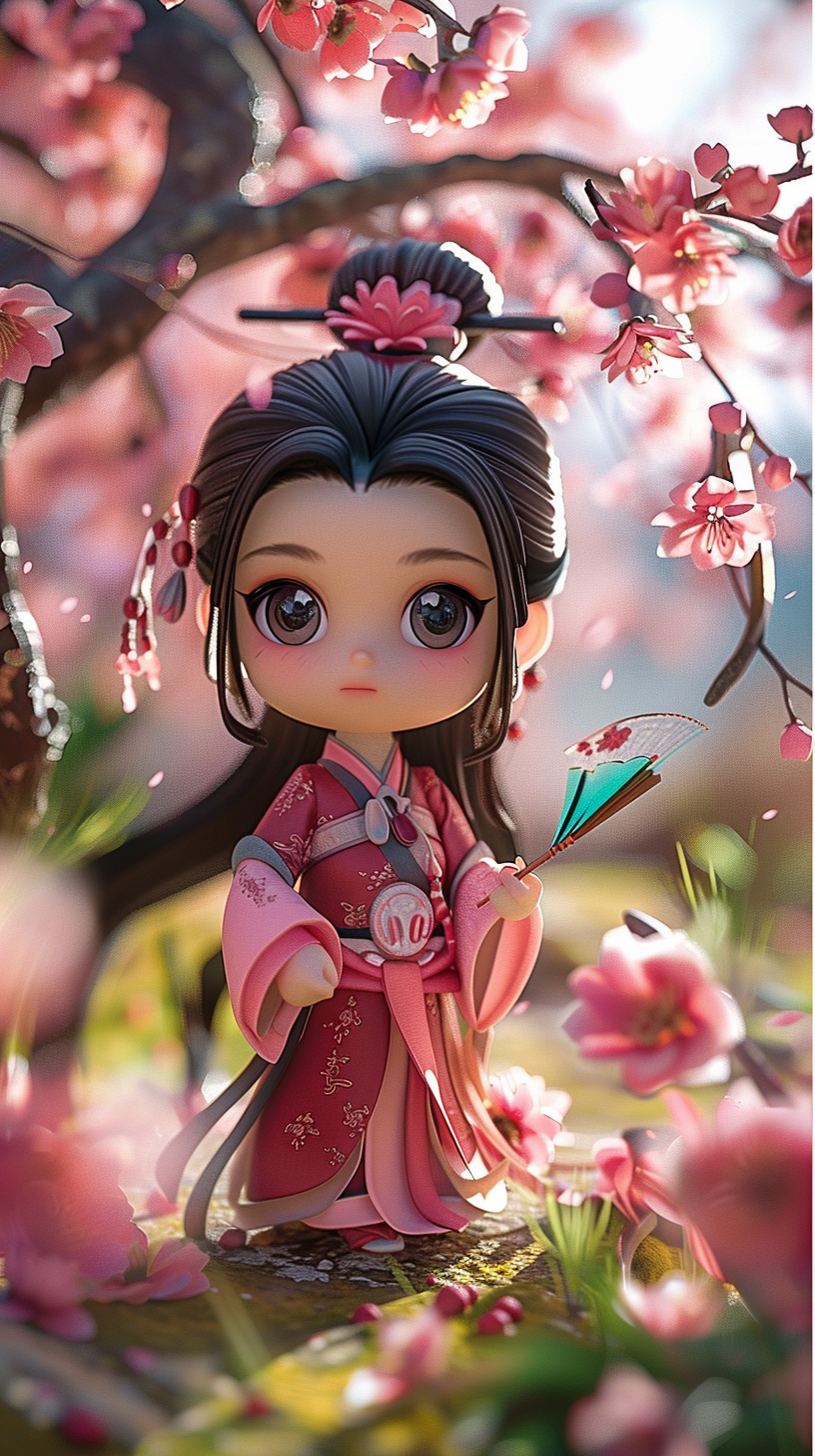 粉色花树下的古风女孩素材