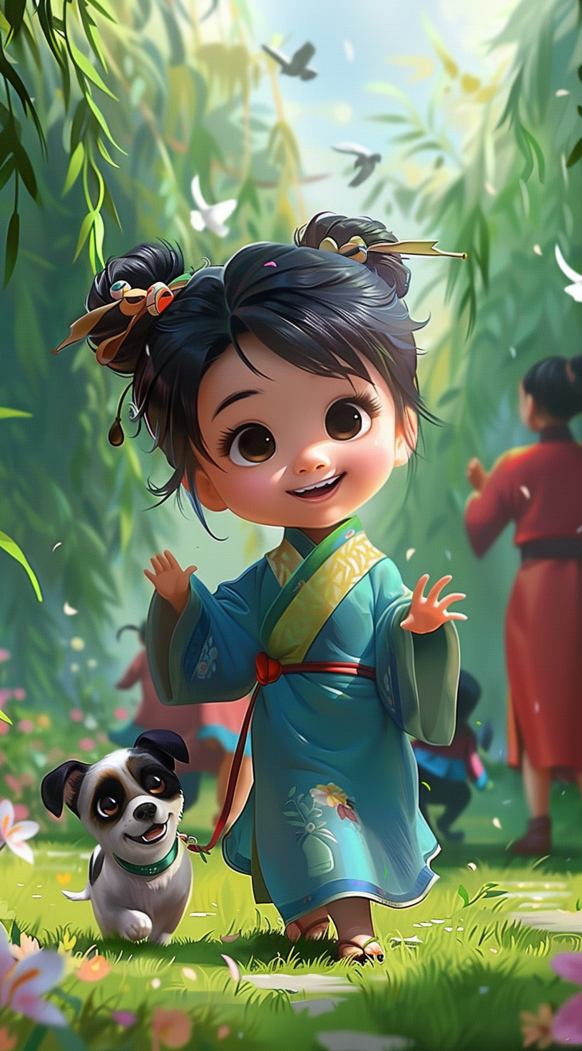 快乐玩耍的女孩和小狗素材