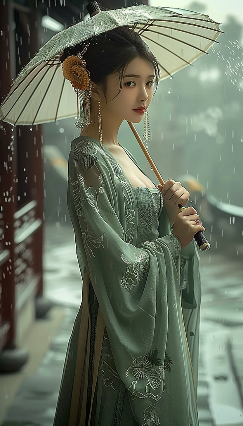 雨天打伞的古装美女素材