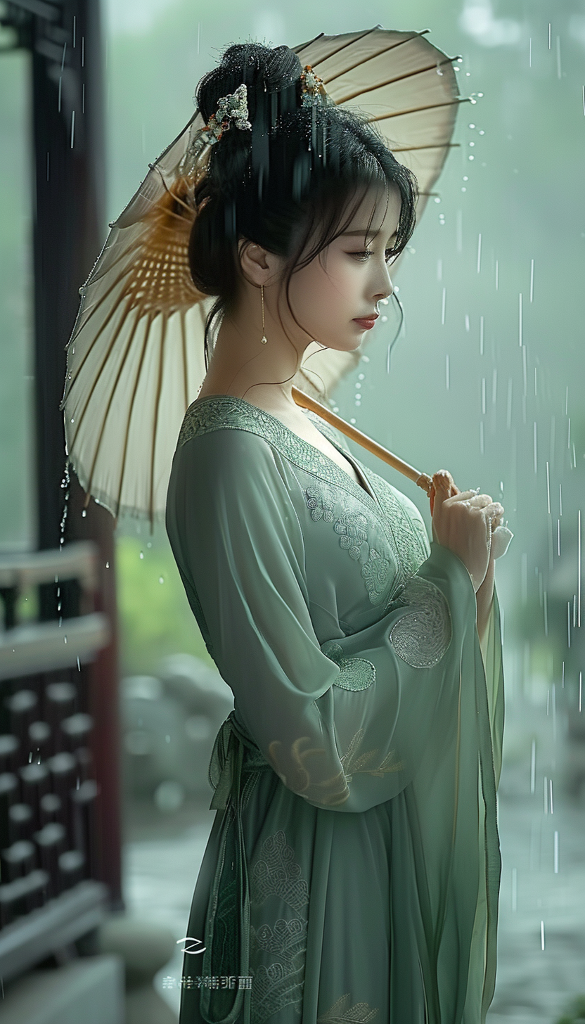 雨天打伞的古装美女素材