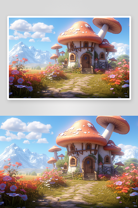 漂亮卡通蘑菇小屋背景
