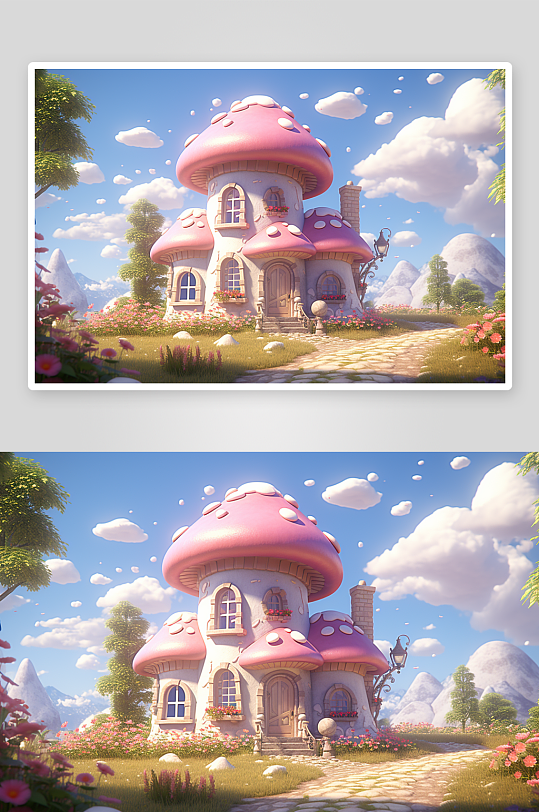 漂亮卡通蘑菇小屋背景