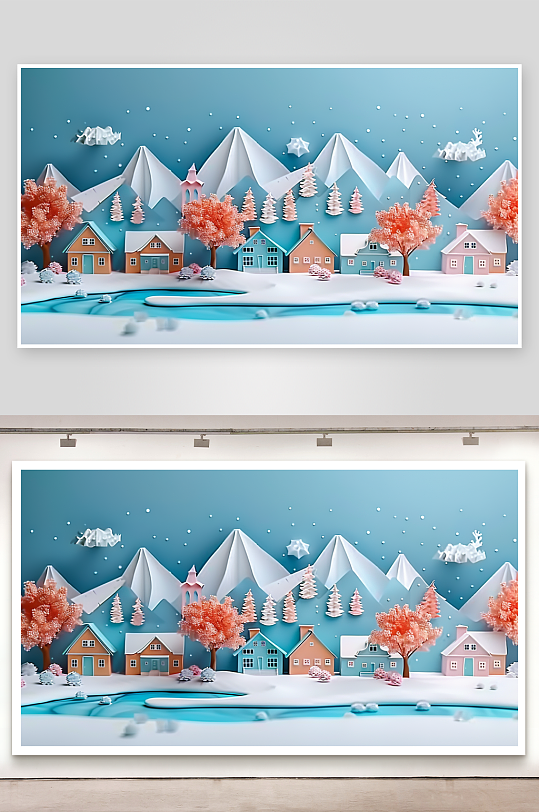 创意剪纸风冬季小屋子