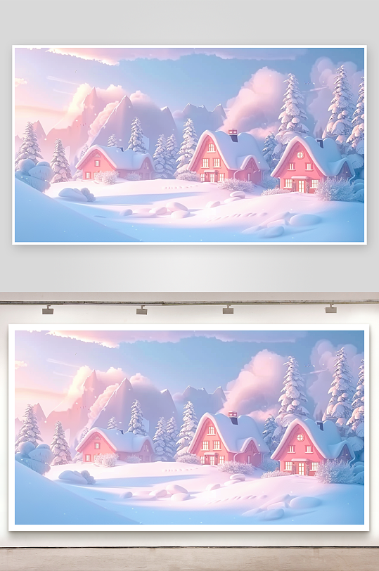 创意唯美卡通冬季雪景房子