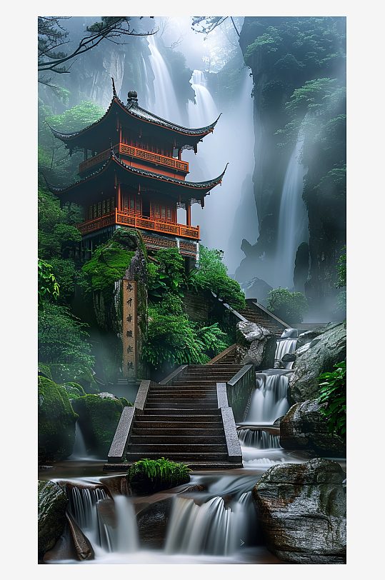 創(chuàng)意大氣古風(fēng)山中亭子