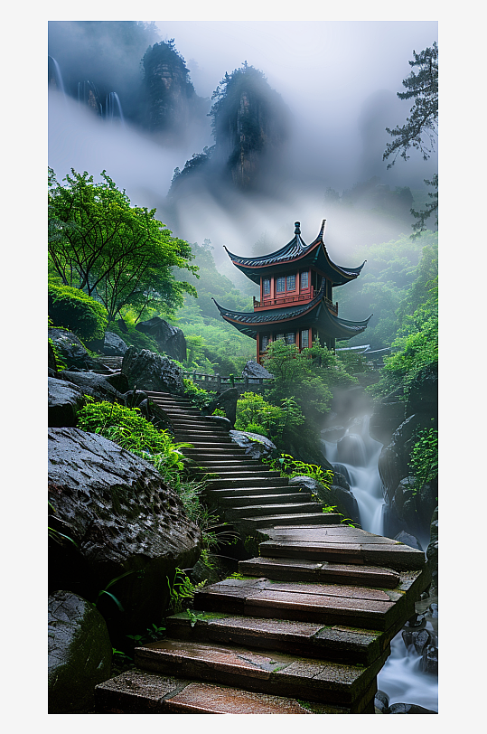 創(chuàng)意大氣古風(fēng)山中亭子