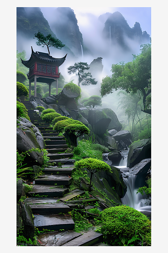 創(chuàng)意大氣古風(fēng)山中亭子