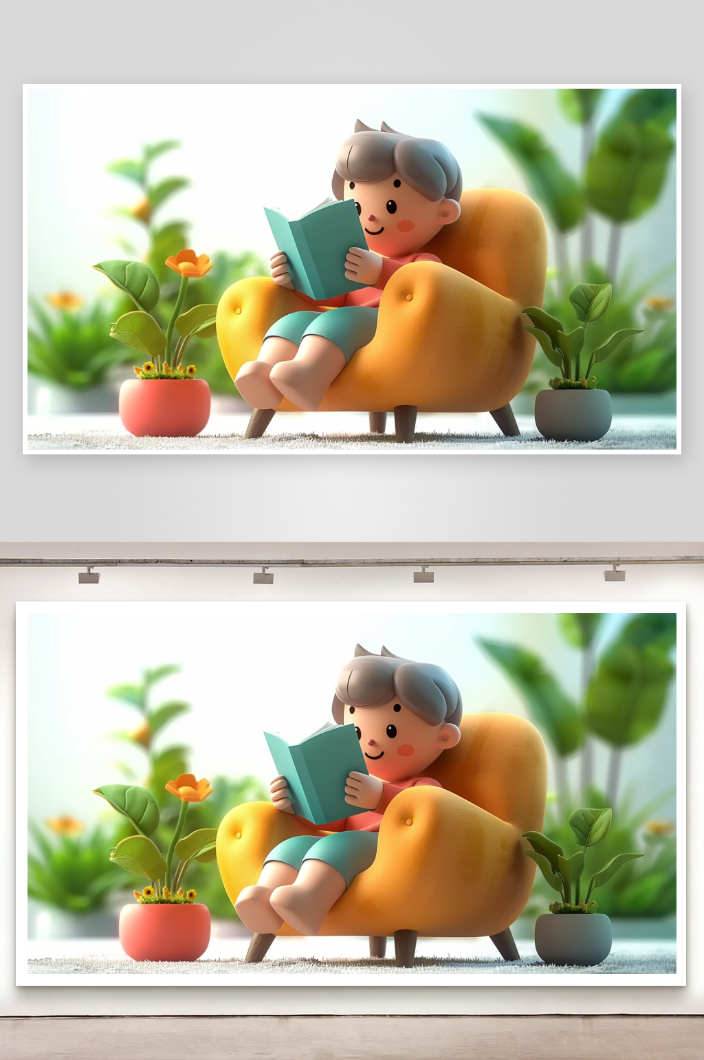 坐在沙发上看书的可爱女孩素材