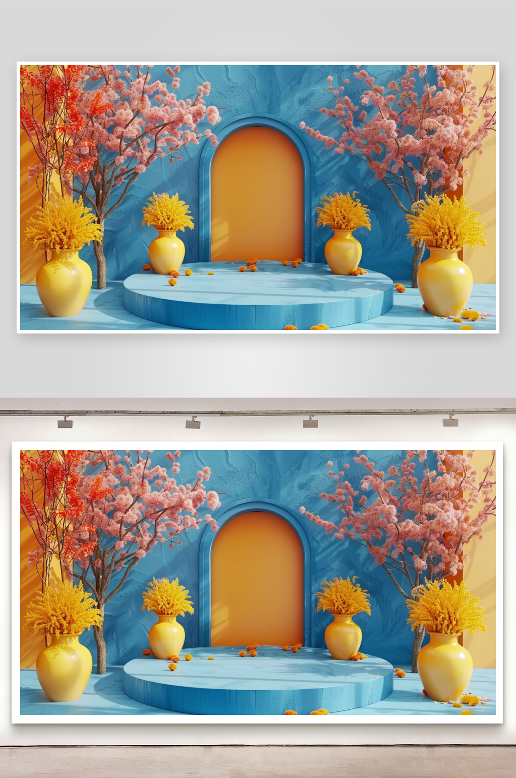 蓝色展台上的花瓶场景素材