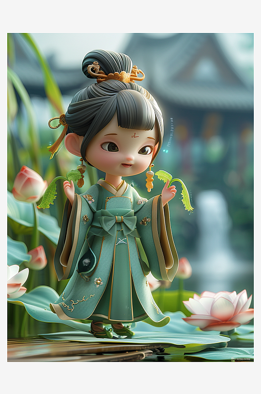 创意荷叶上的卡通小女孩