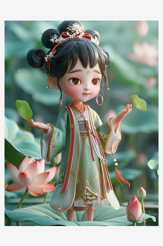 创意荷叶上的卡通小女孩