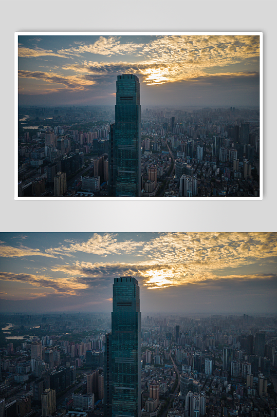 湖南长沙五一商圈国金中心夕阳晚霞摄影图-众图网