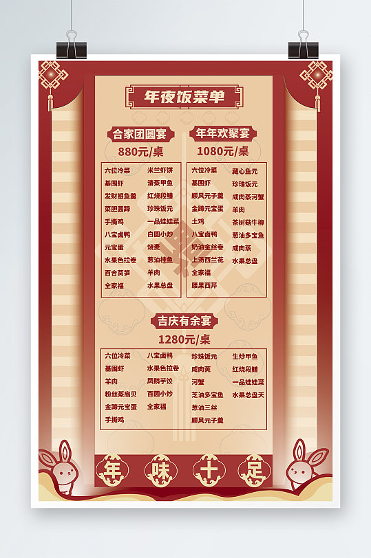 兔年春节除夕年夜饭菜单价目表海报