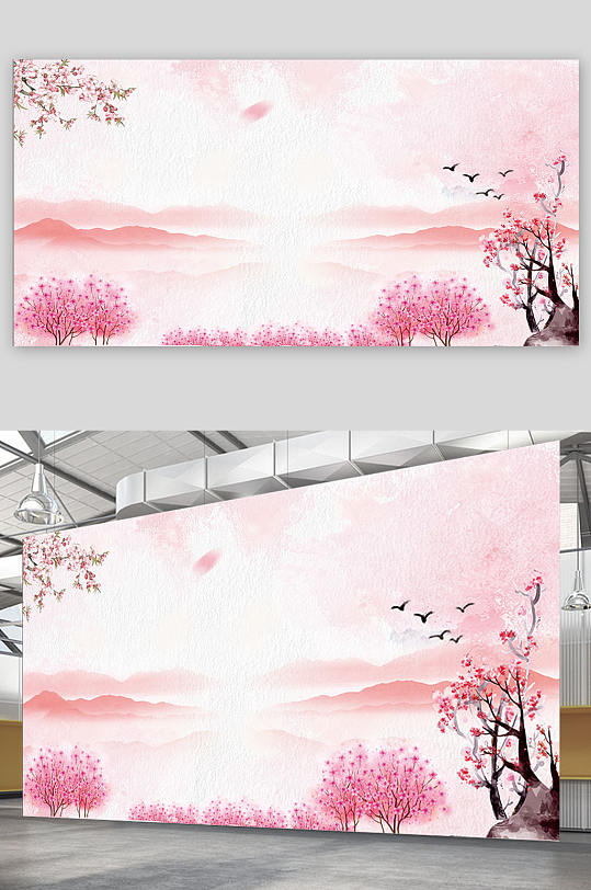 红色桃花园背景展板