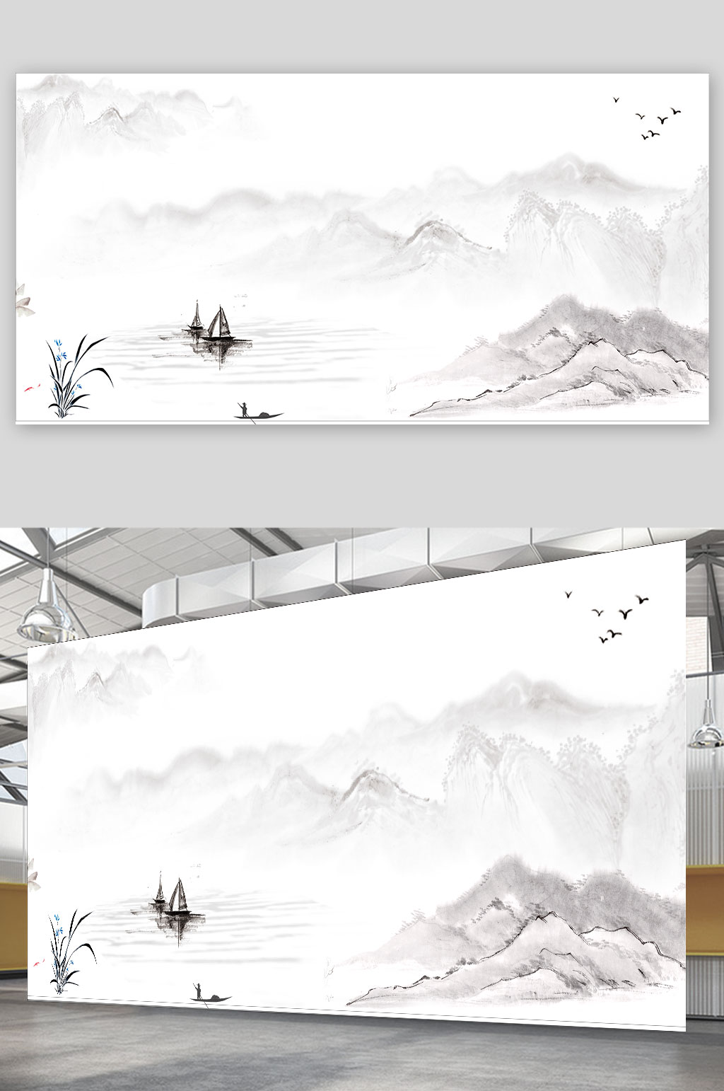 中式山水水墨畫展板素材