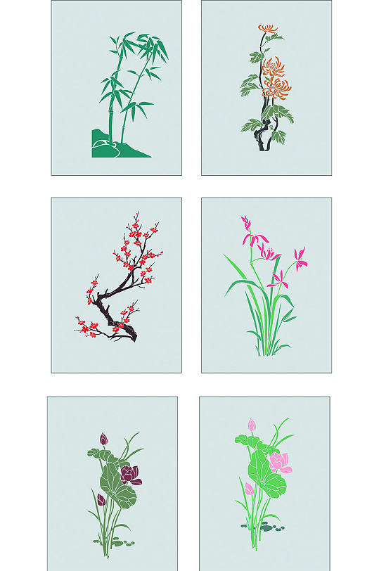 梅兰竹菊荷花色彩矢量