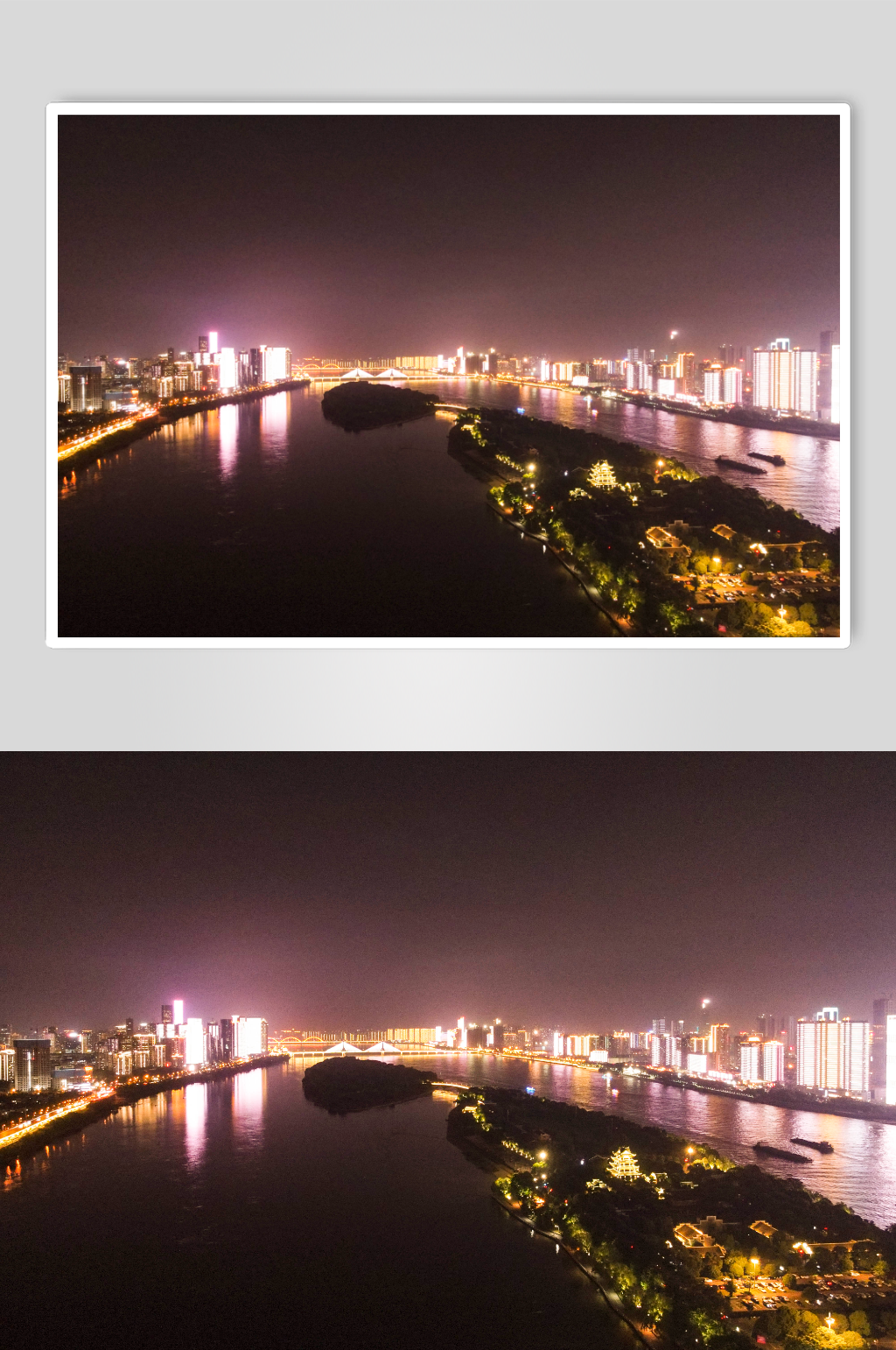 湖南长沙湘江橘子洲夜景灯光航拍素材
